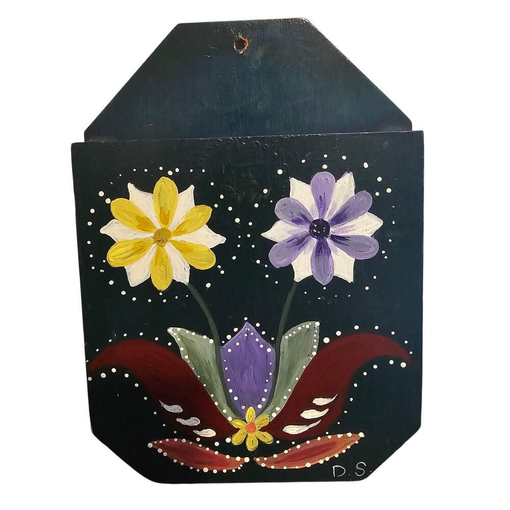 Vintage Hand Painted Wood Panel Pocket Holder Green Floral Boho Rustic Cottage